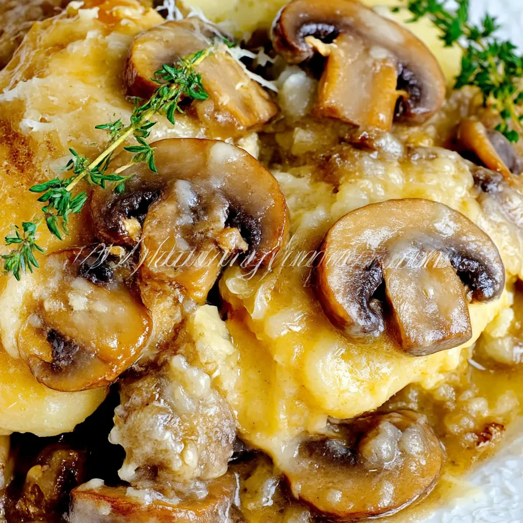 A plate of food with mushrooms and cheese.
