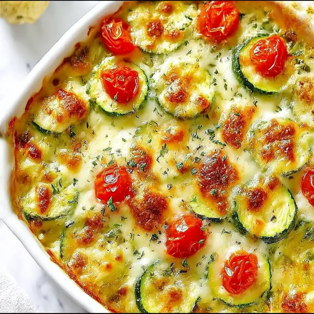 A dish of food with tomatoes, zucchini, and cheese.