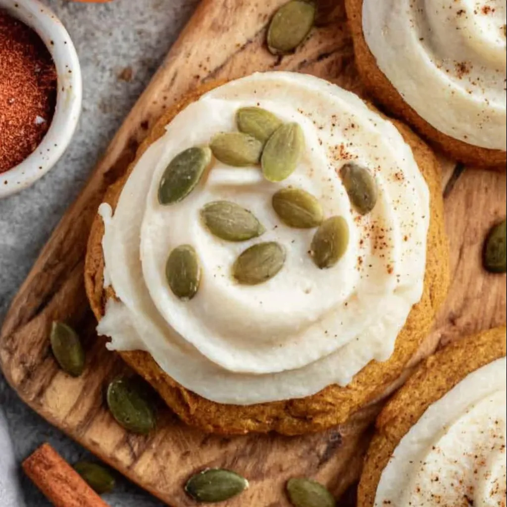A slice of cake with a pumpkin seed on top.