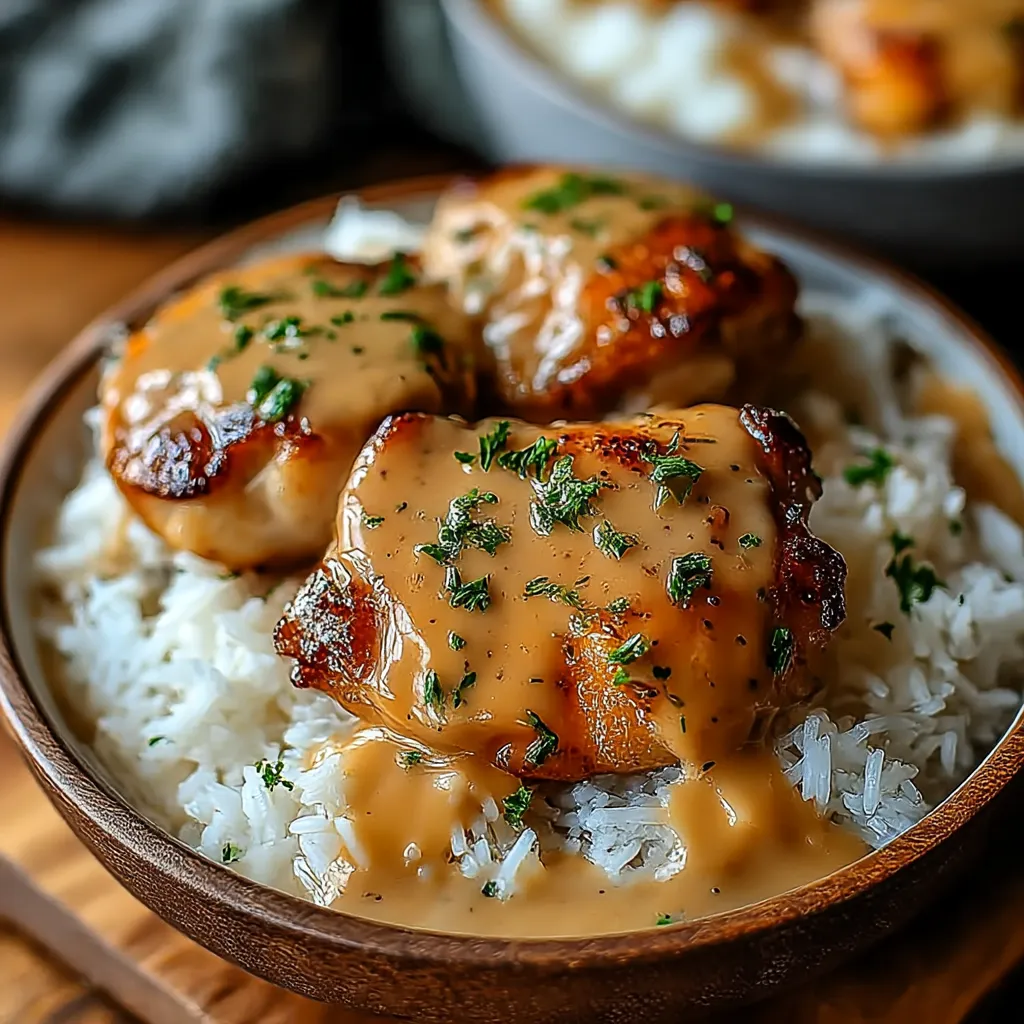 A bowl of rice with chicken and gravy.