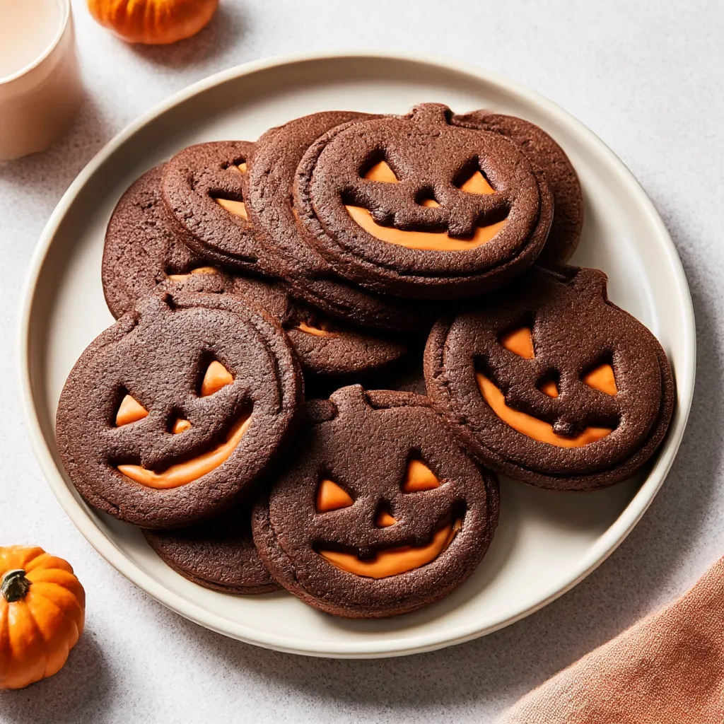 A plate of chocolate chip cookies with orange frosting and a pumpkin on top.