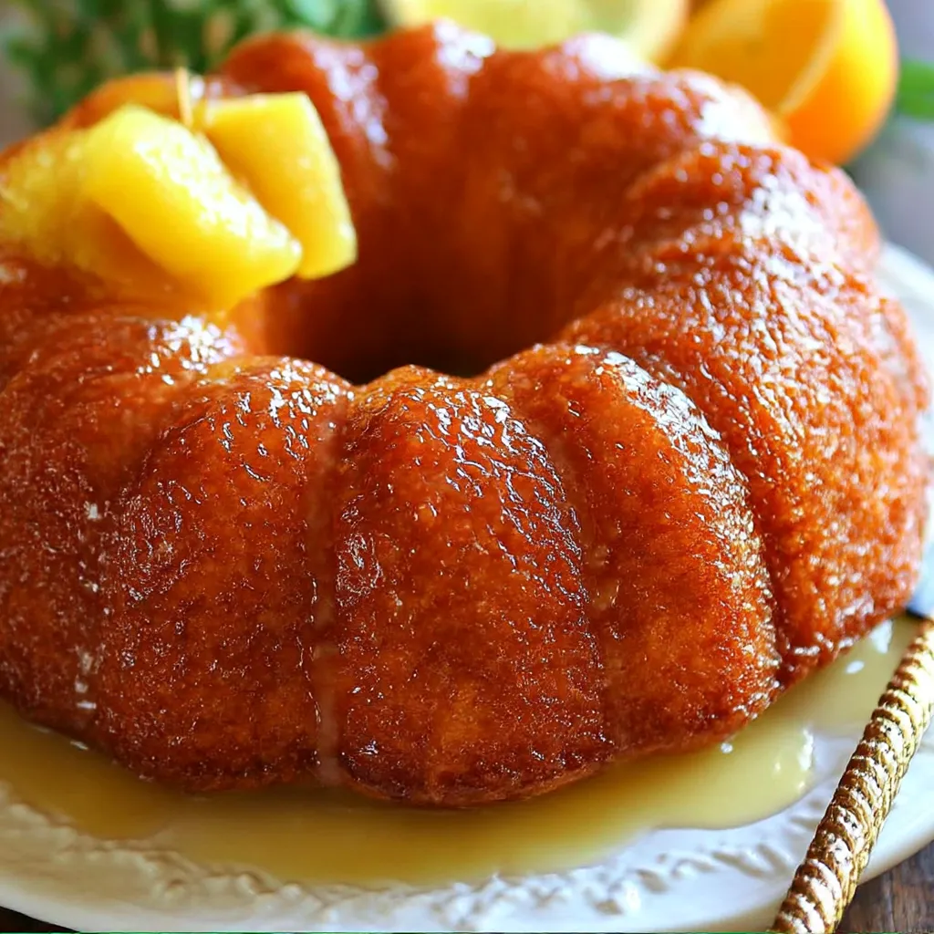 A cake with a slice of pineapple on top.