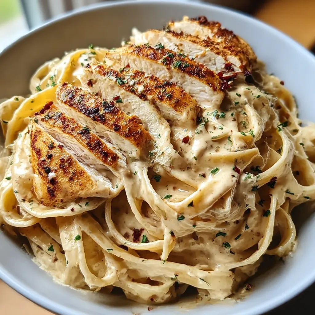 A bowl of pasta with chicken and herbs.