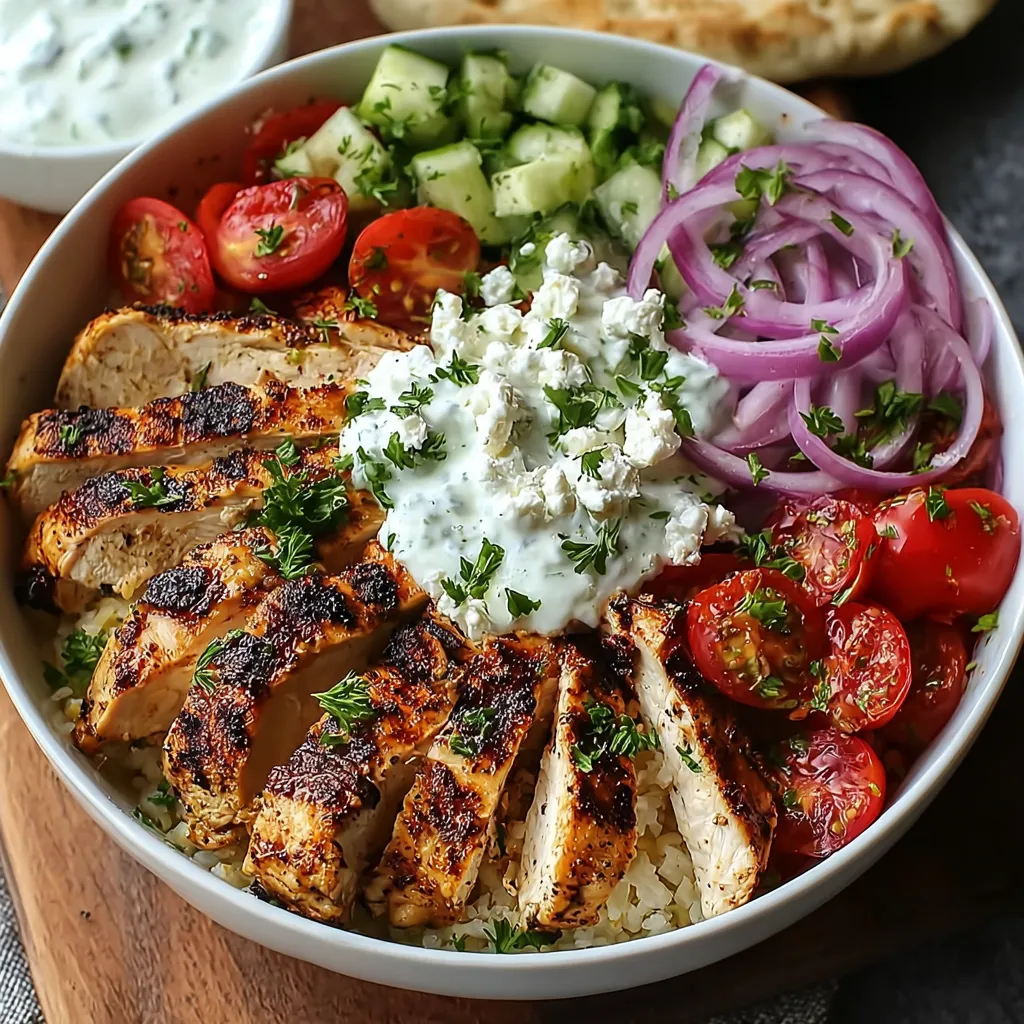 A bowl of food with chicken, tomatoes, onions, and cucumbers.