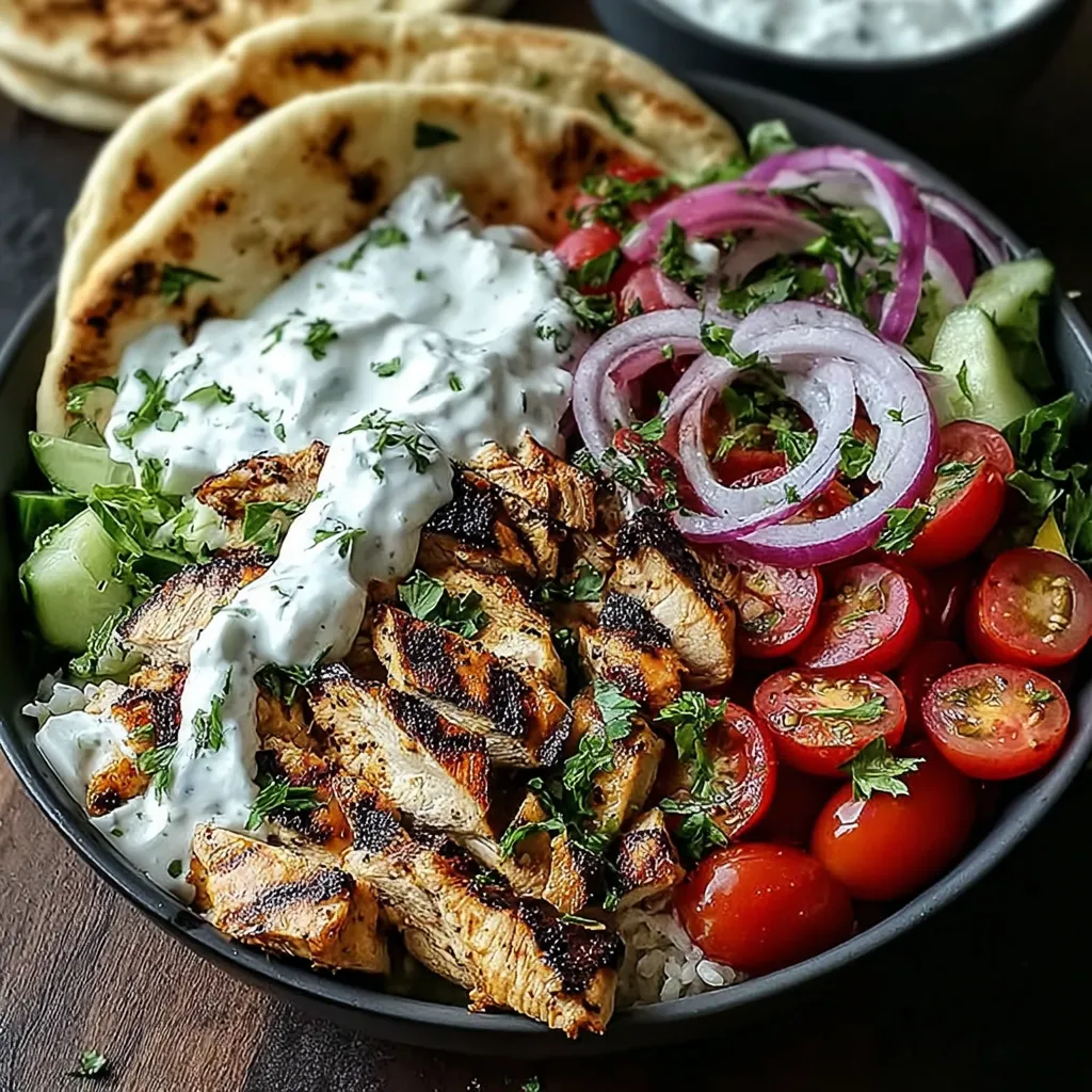 A bowl of food with chicken, tomatoes, onions, and lettuce.