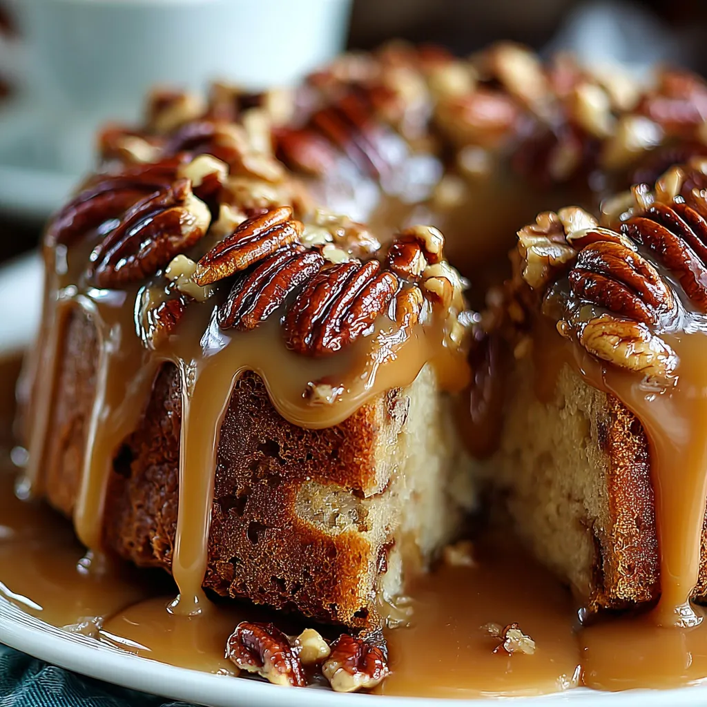 A slice of pecan pie with caramel sauce.