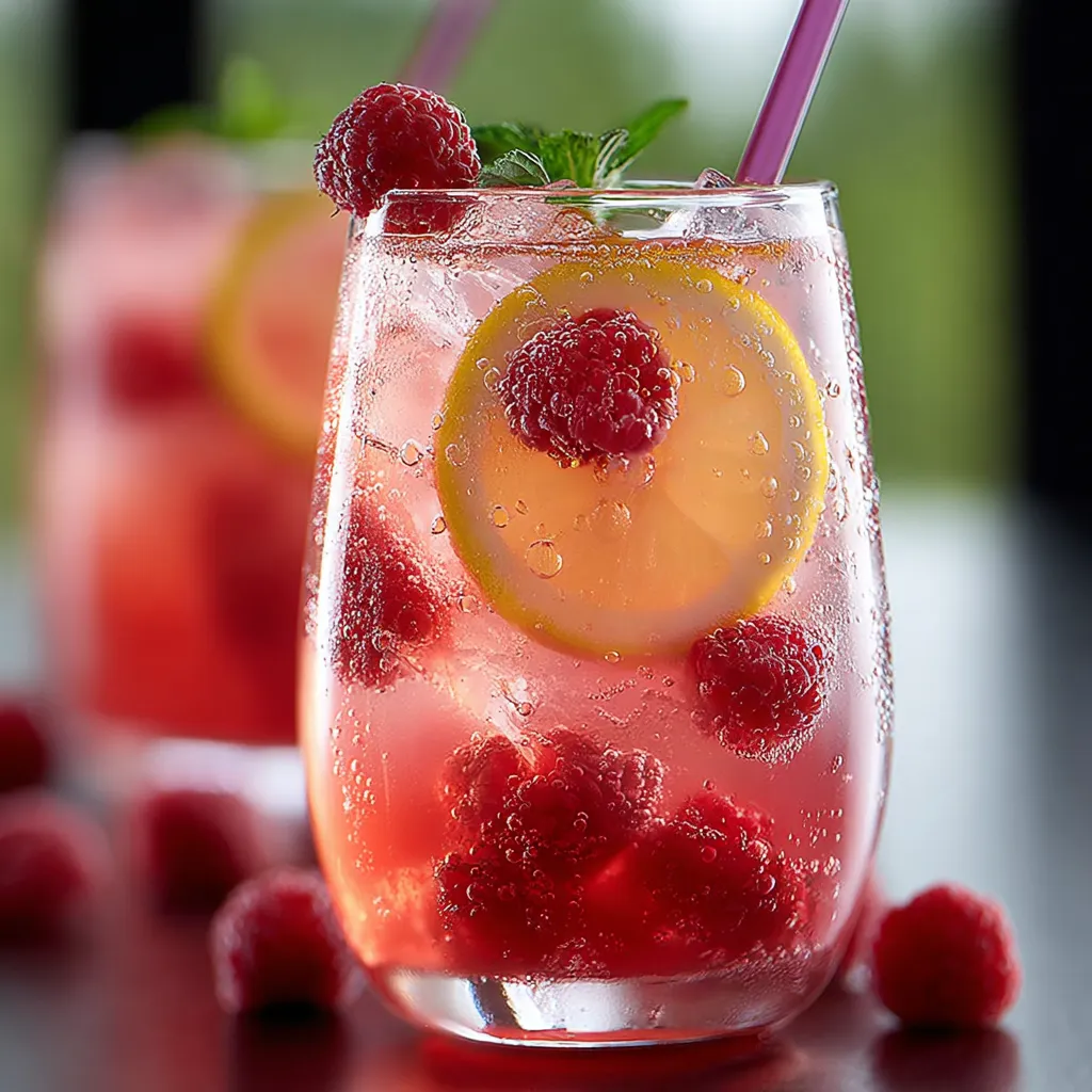 A glass of pink lemonade with a slice of lemon and a raspberry on top.