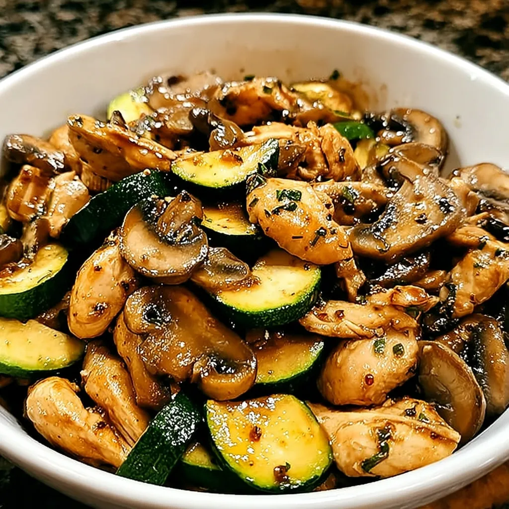 A bowl of food with mushrooms, zucchini, and other vegetables.