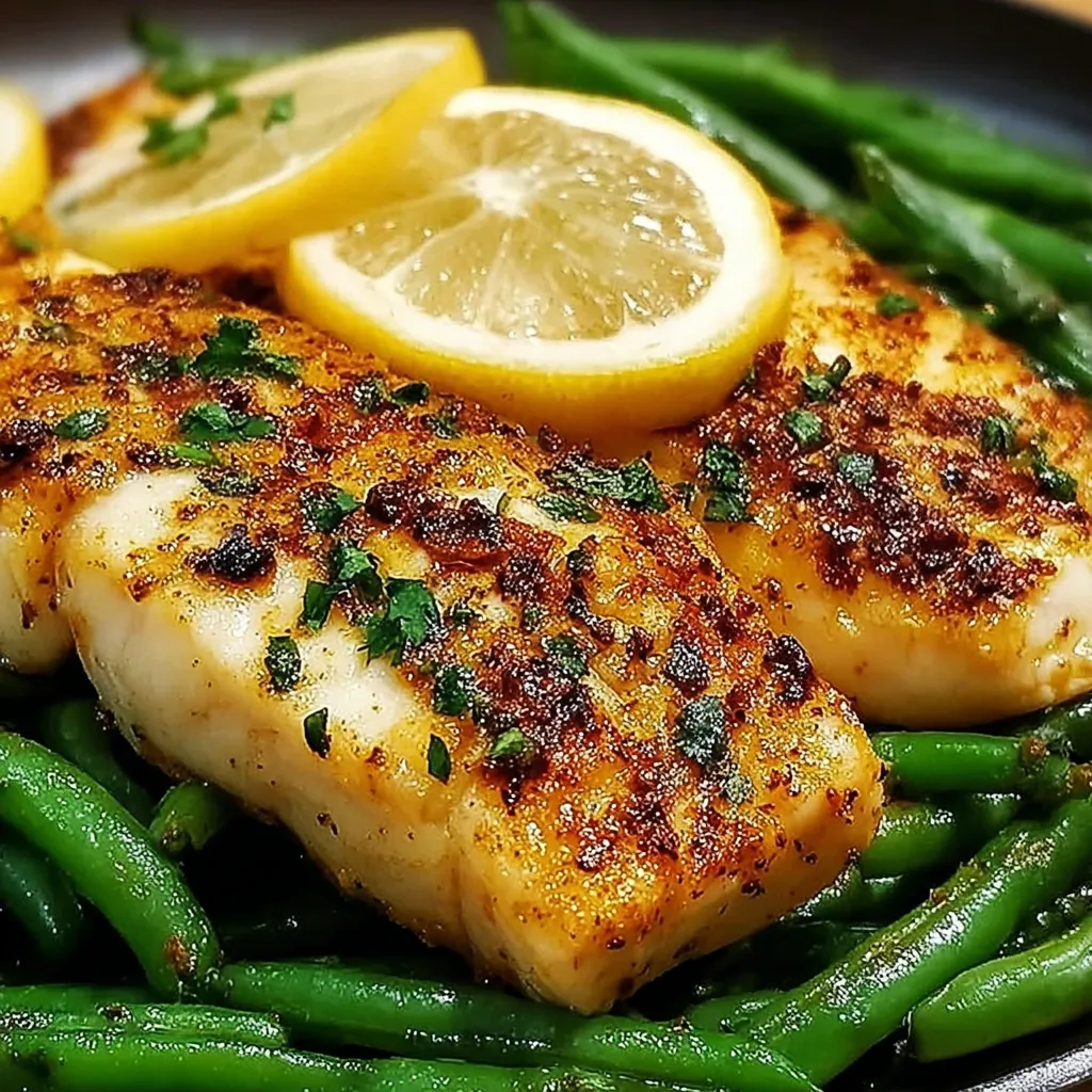 A plate of food with fish and green beans.