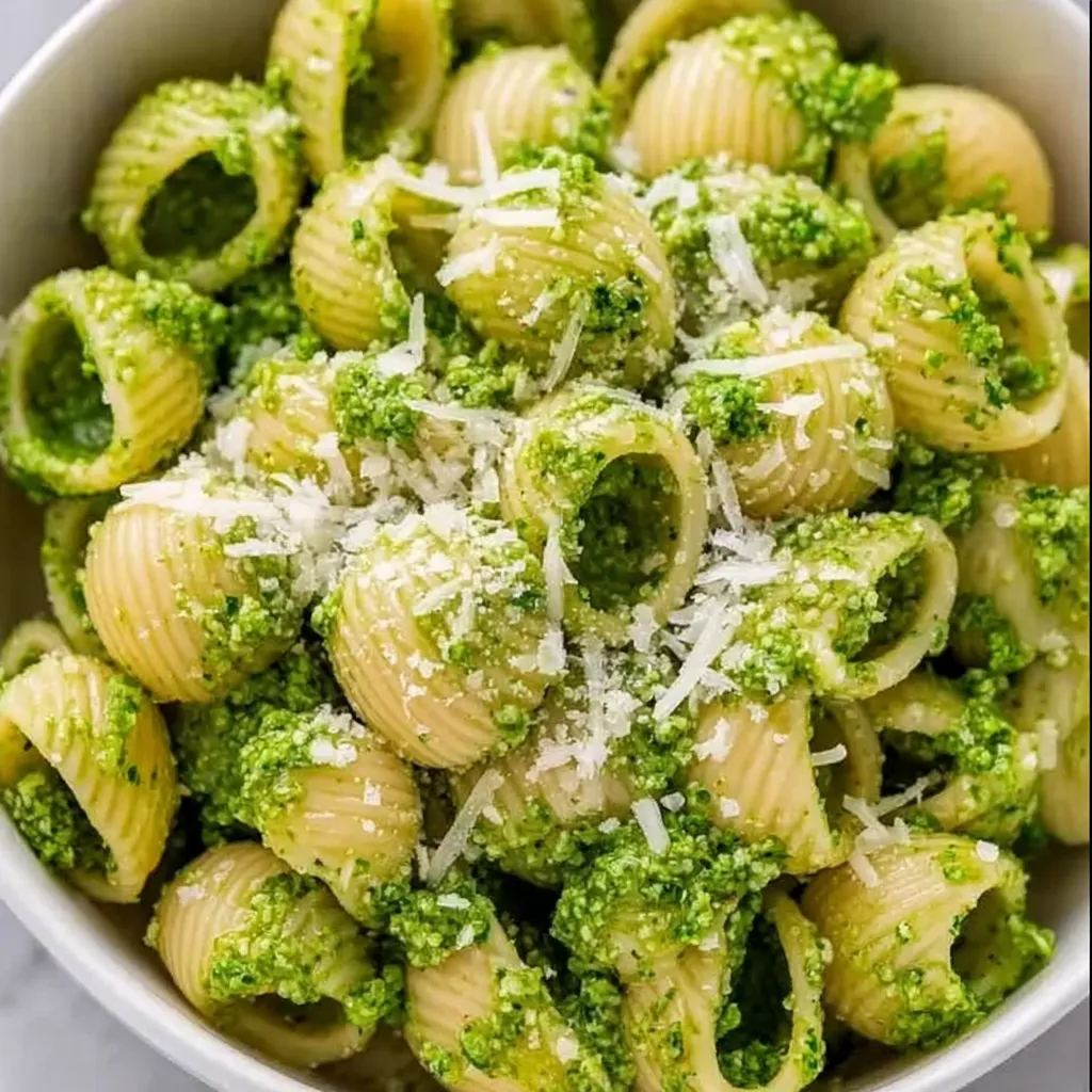 A bowl of pasta with cheese and green stuff.