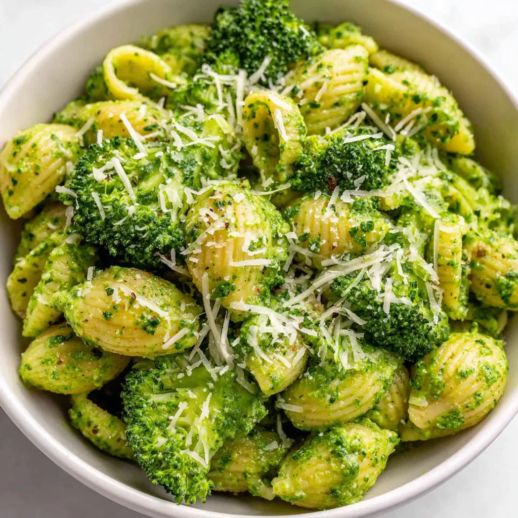 A bowl of pasta with broccoli and cheese.