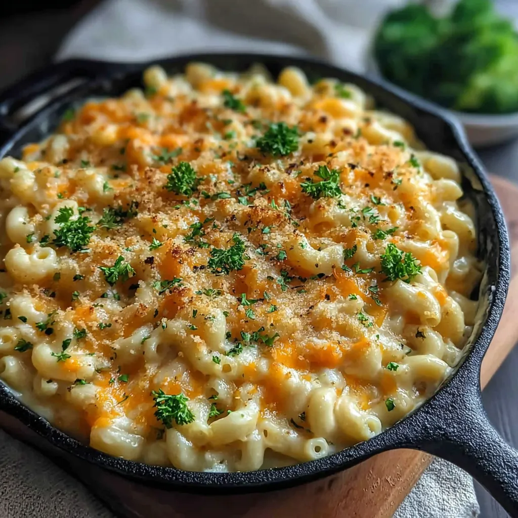 A pan of macaroni and cheese with broccoli on the side.