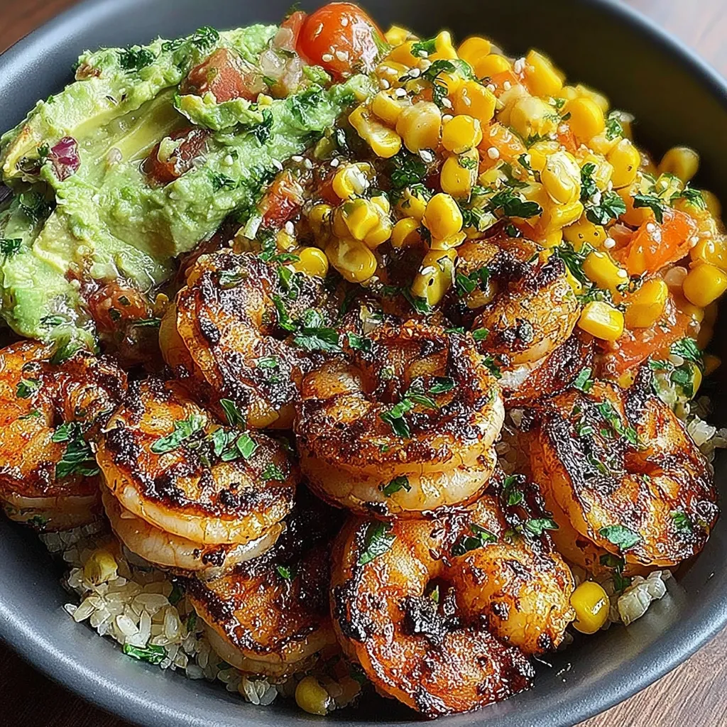 A bowl of food with shrimp, corn, and avocado.