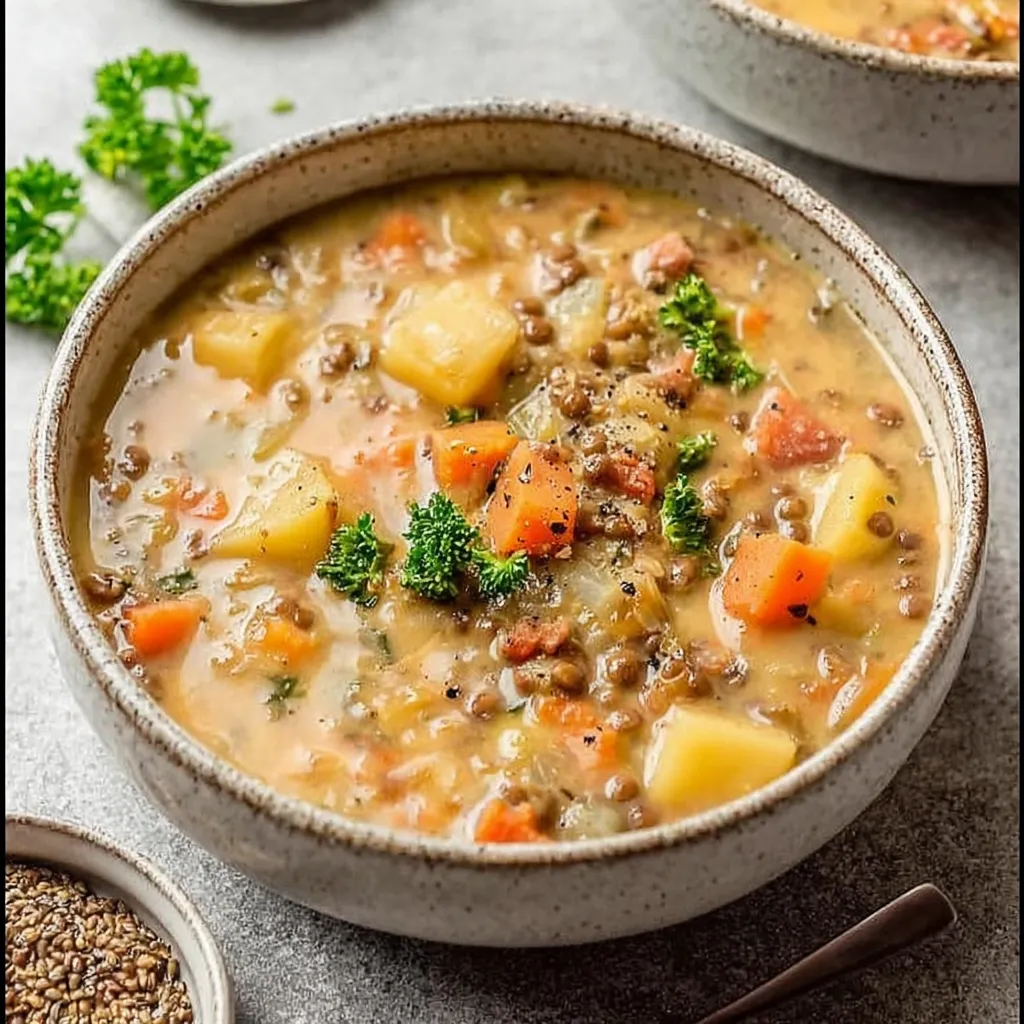 A bowl of soup with carrots and broccoli.