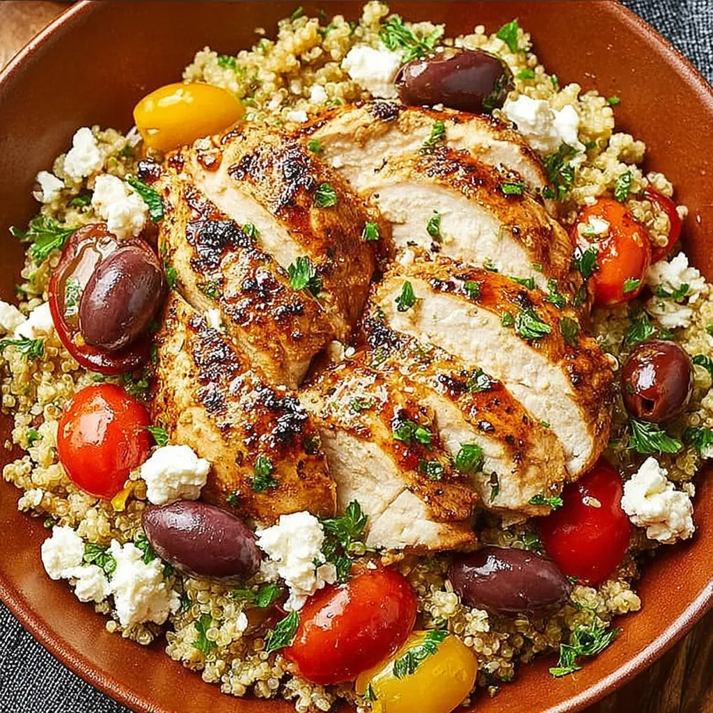 A bowl of food with chicken, tomatoes, olives, and feta cheese.
