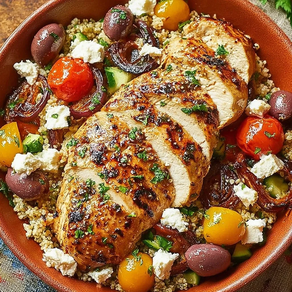 A bowl of food with chicken, tomatoes, olives, and feta cheese.