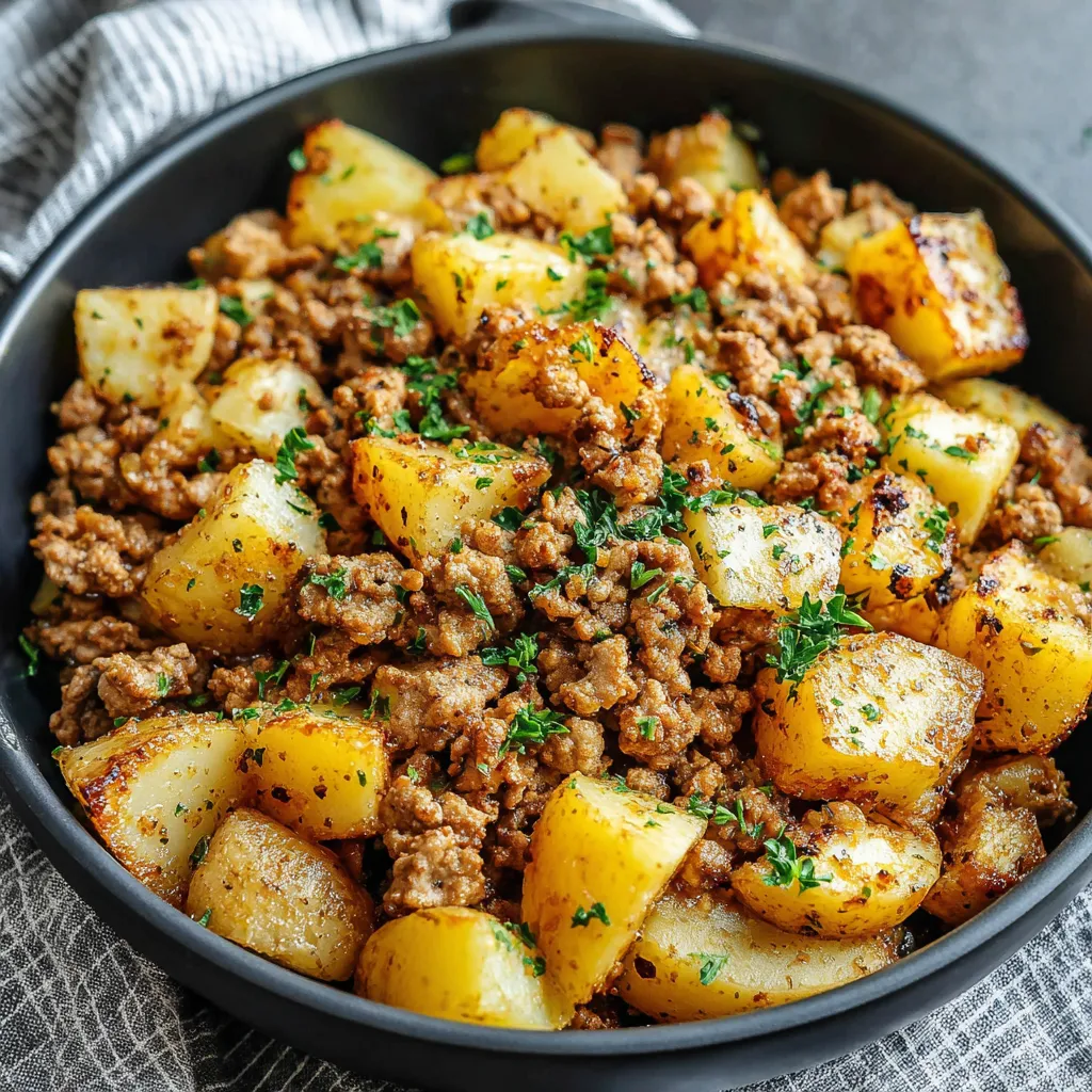 A bowl of meat and potatoes.