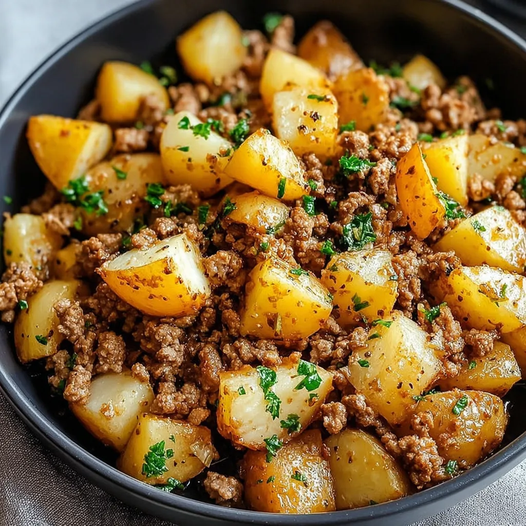A bowl of meat and potatoes.