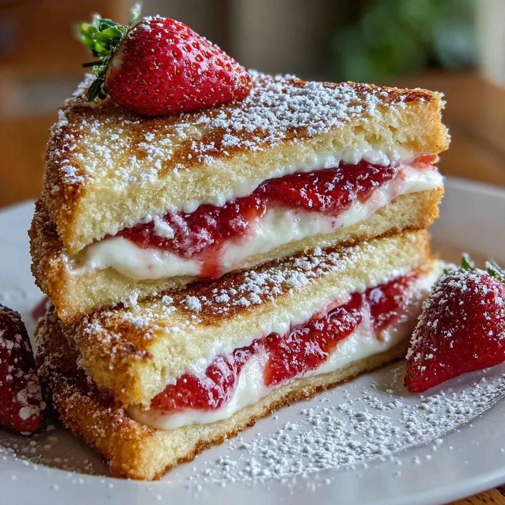 A stack of strawberry shortcake with powdered sugar.
