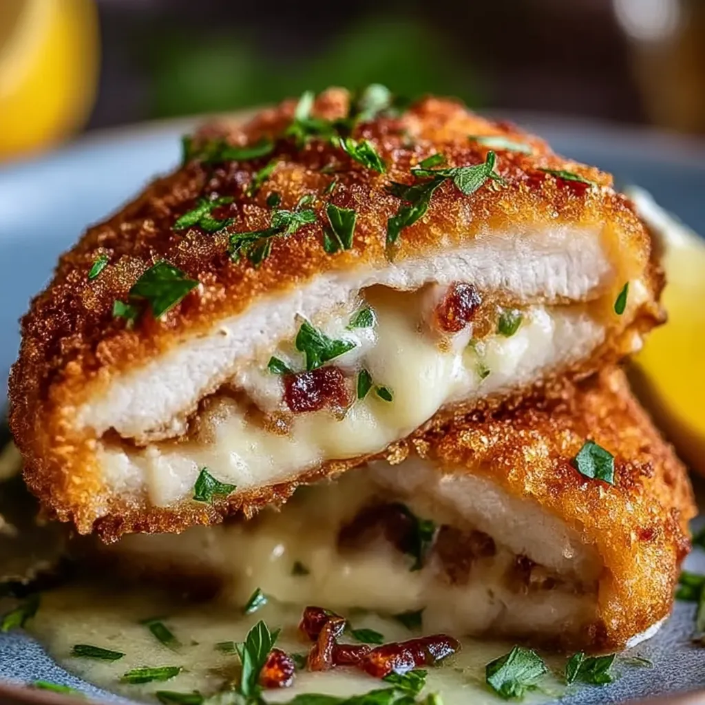 A piece of breaded meat with cheese and bacon on top.