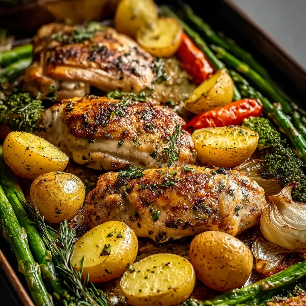 A pan of chicken and vegetables.