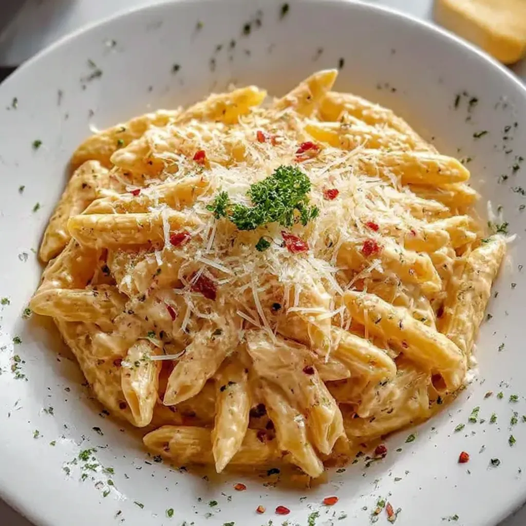 A bowl of pasta with cheese and red peppers.