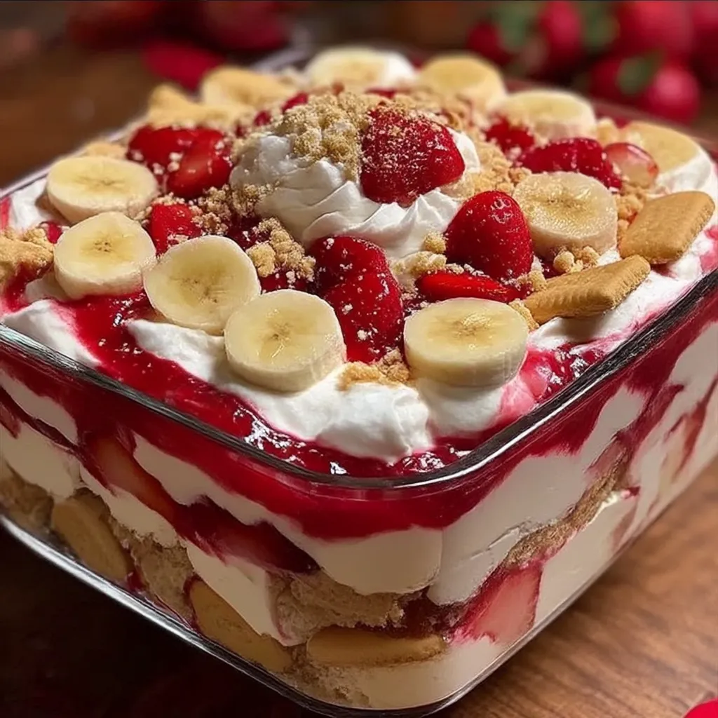 A dessert with bananas, strawberries and whipped cream.