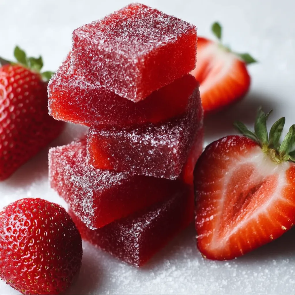 A stack of red cubes of frozen strawberry.