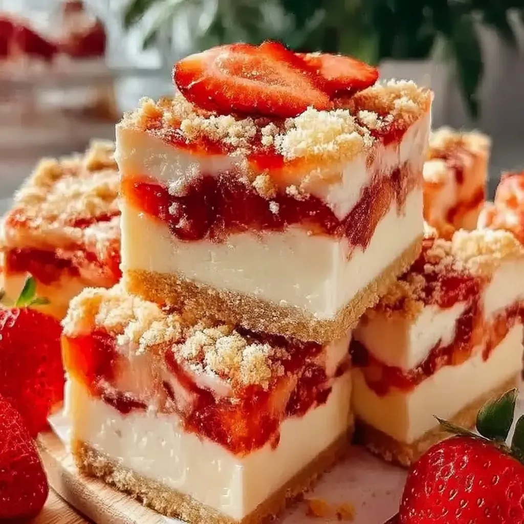 A stack of desserts with strawberries on top.
