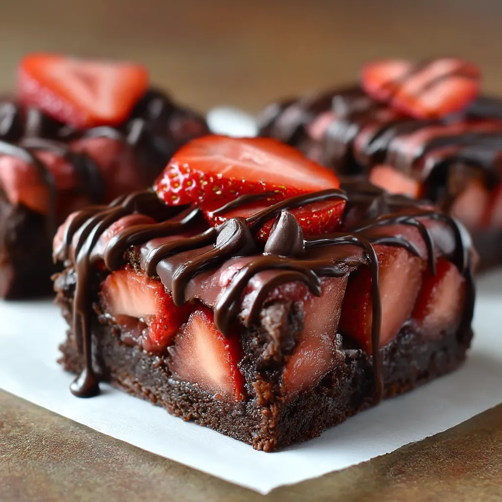 A chocolate dessert with strawberries on top.