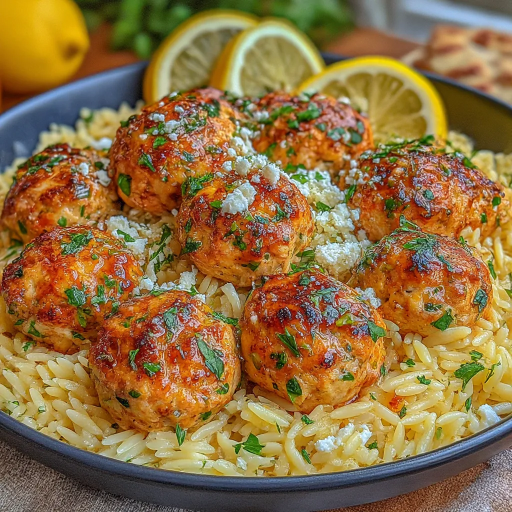 A bowl of rice with meatballs and lemon wedges.