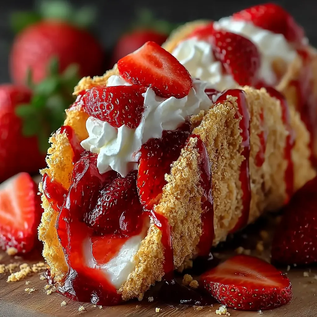 A piece of cake with strawberries and whipped cream.