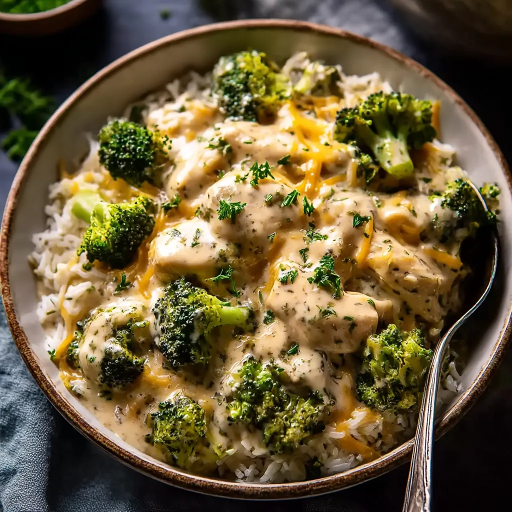 A bowl of rice with broccoli and cheese.