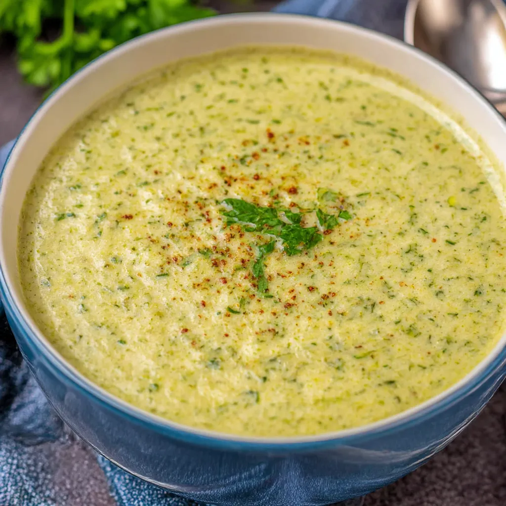 A bowl of soup with a spoon in it.