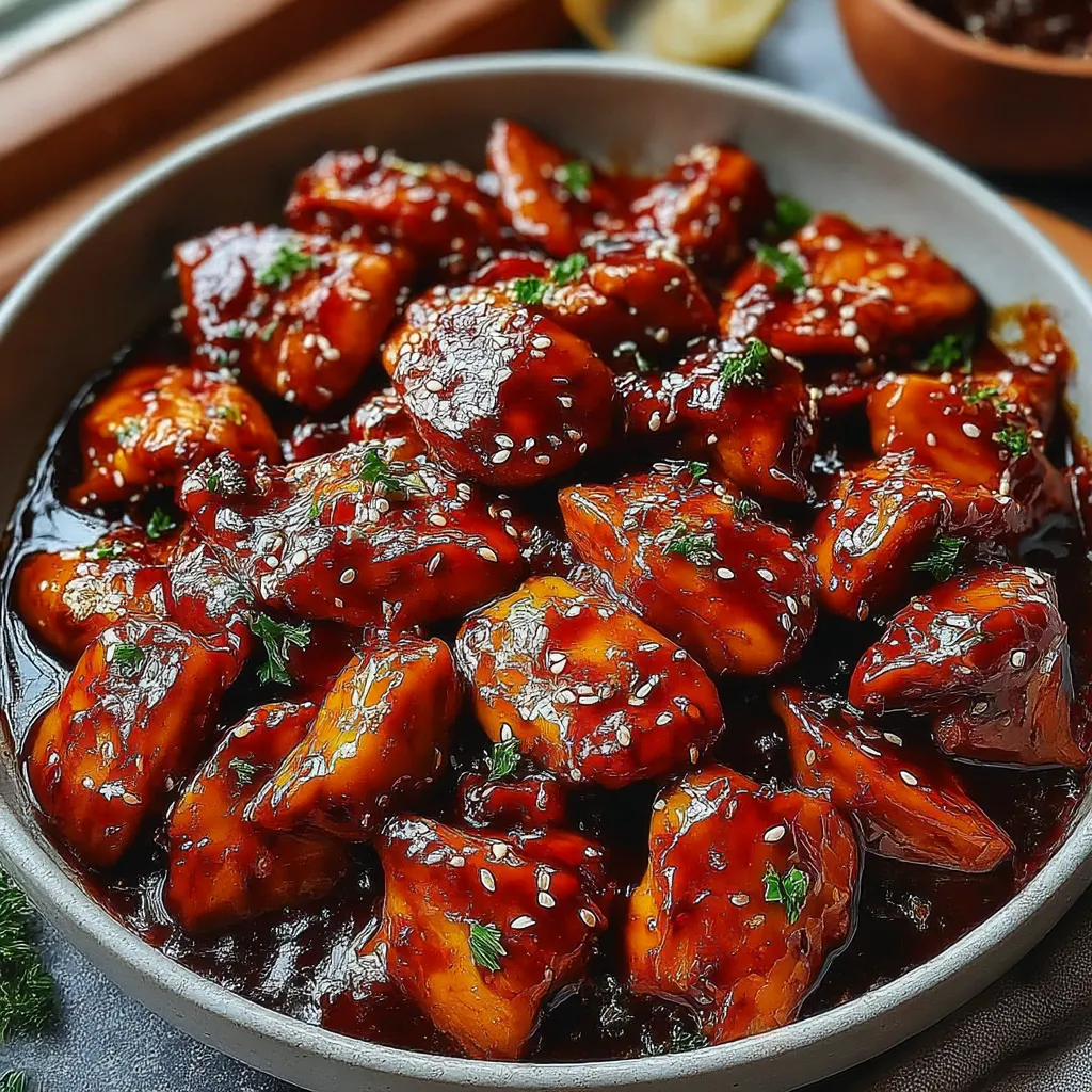 A bowl of chicken with sauce.