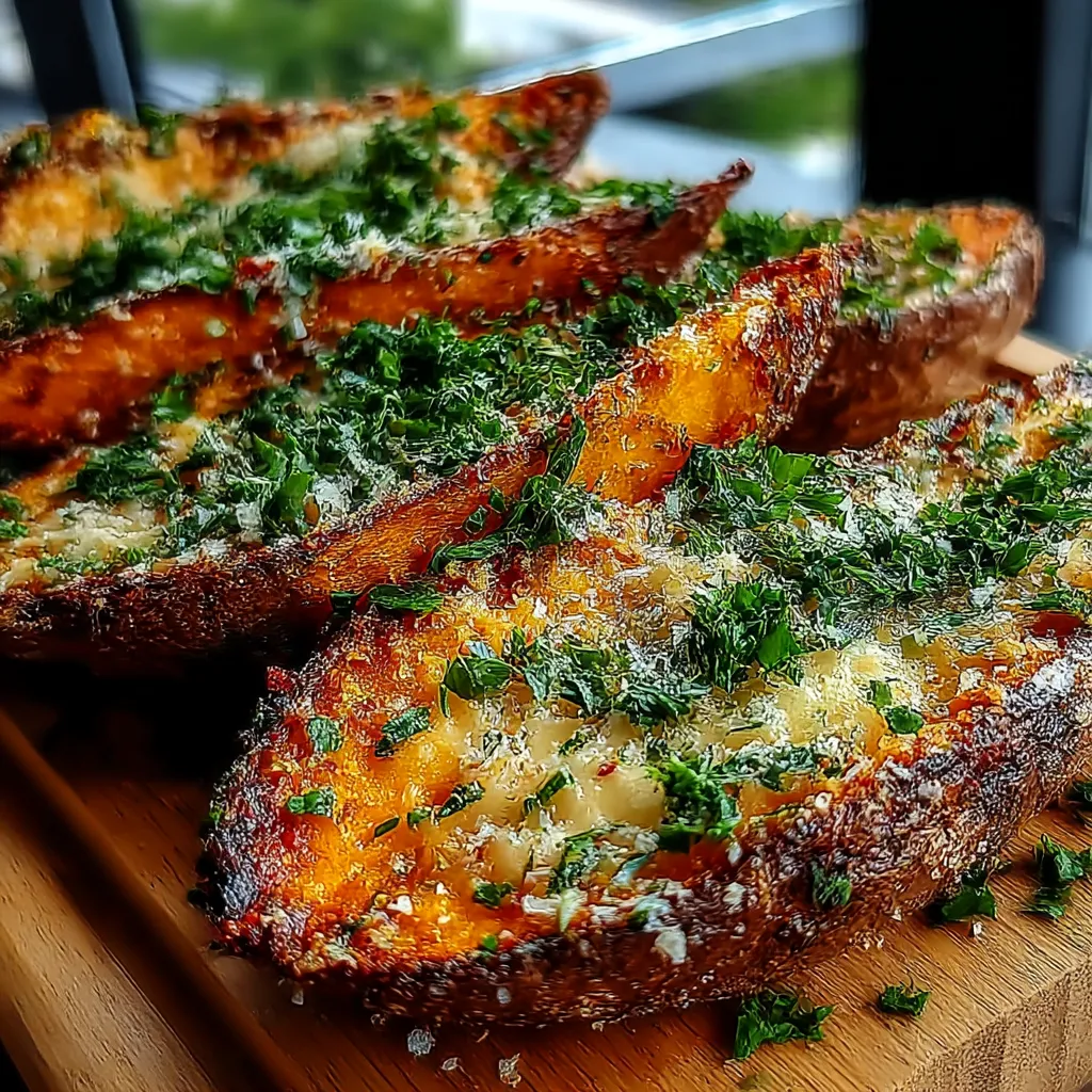Two slices of baked potato with cheese and herbs.