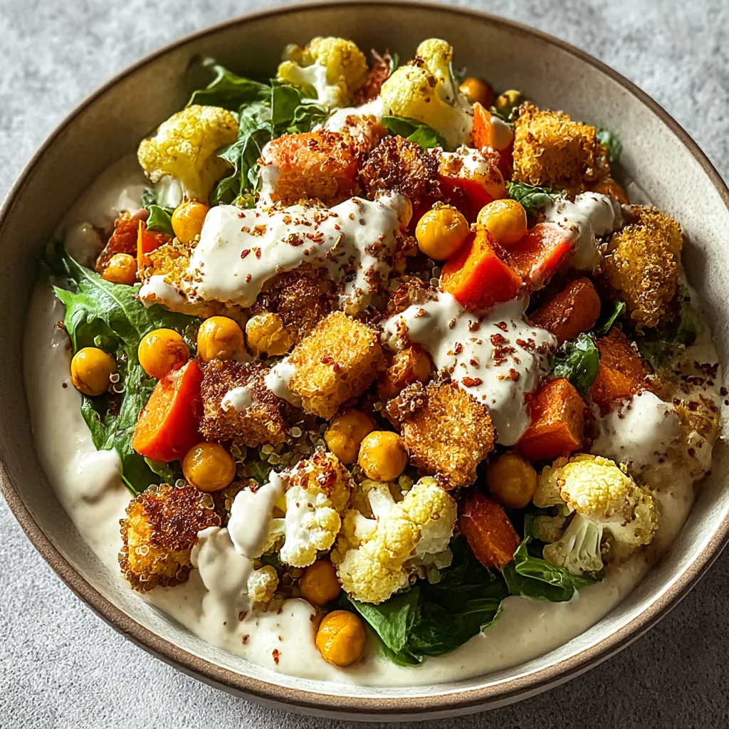 A bowl of food with a white sauce.