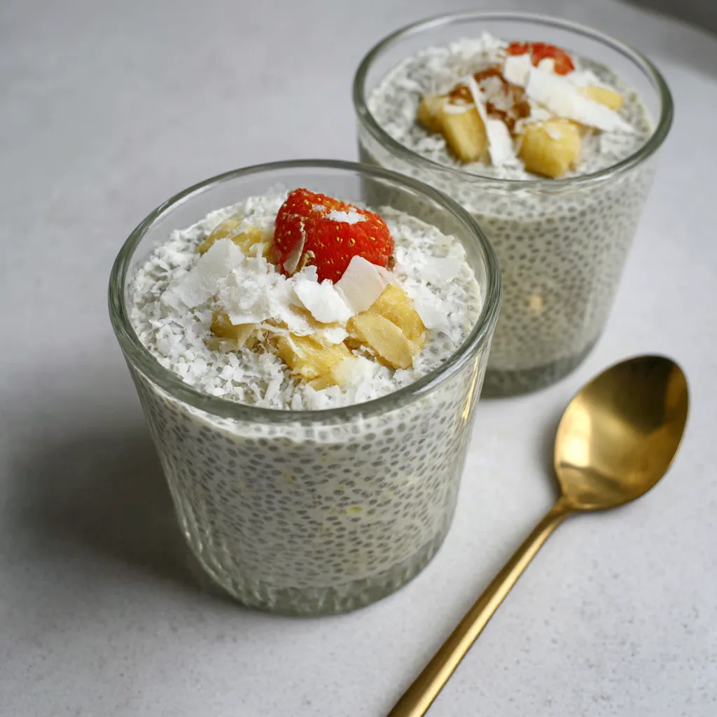 Two glasses of yogurt with fruit on top.