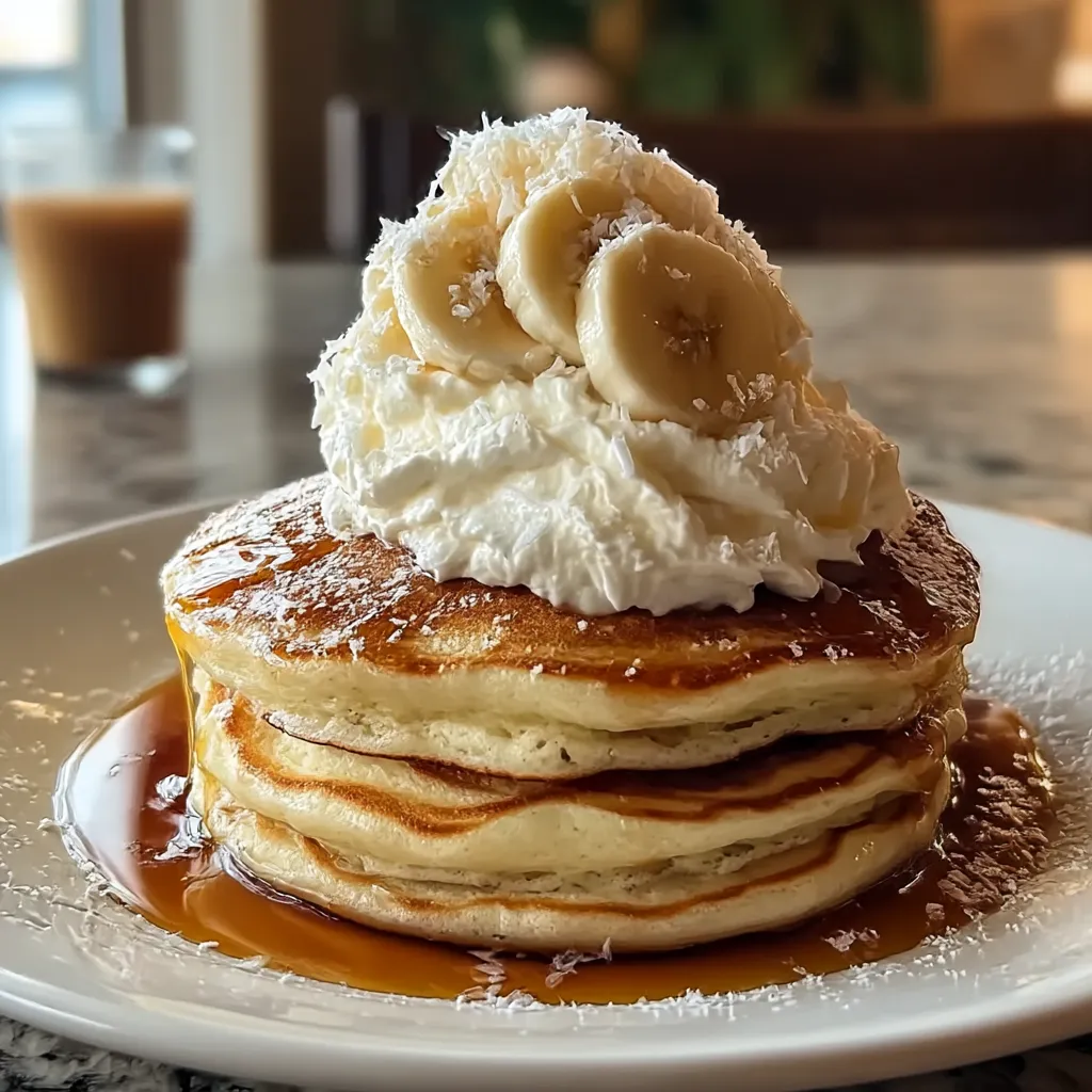 A stack of pancakes with bananas on top.