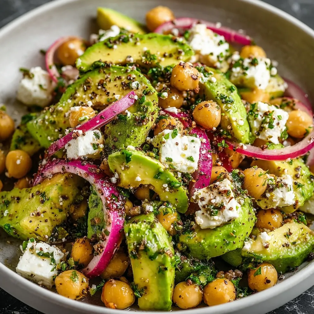 A bowl of food with avocado, chickpeas, and feta cheese.