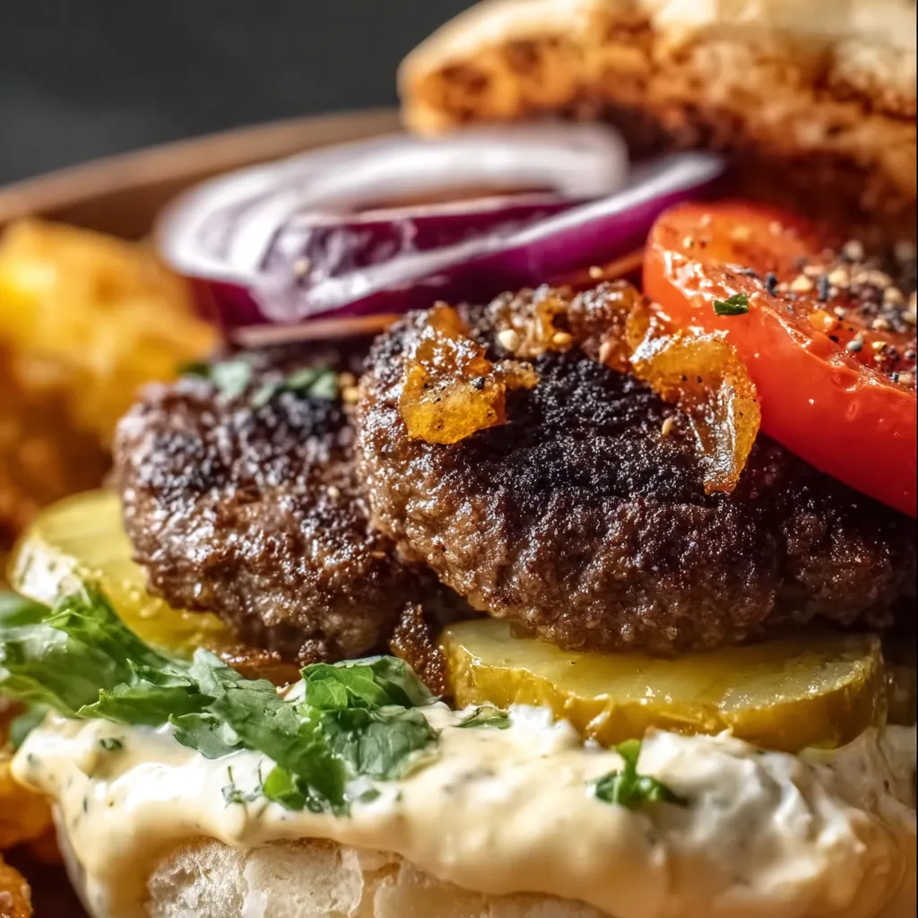 A burger with onions and tomatoes.