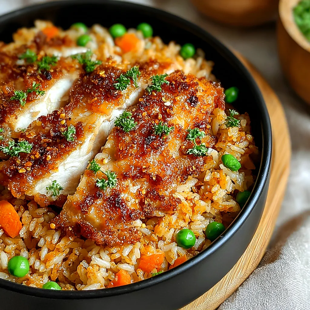 A bowl of rice with chicken and peas.