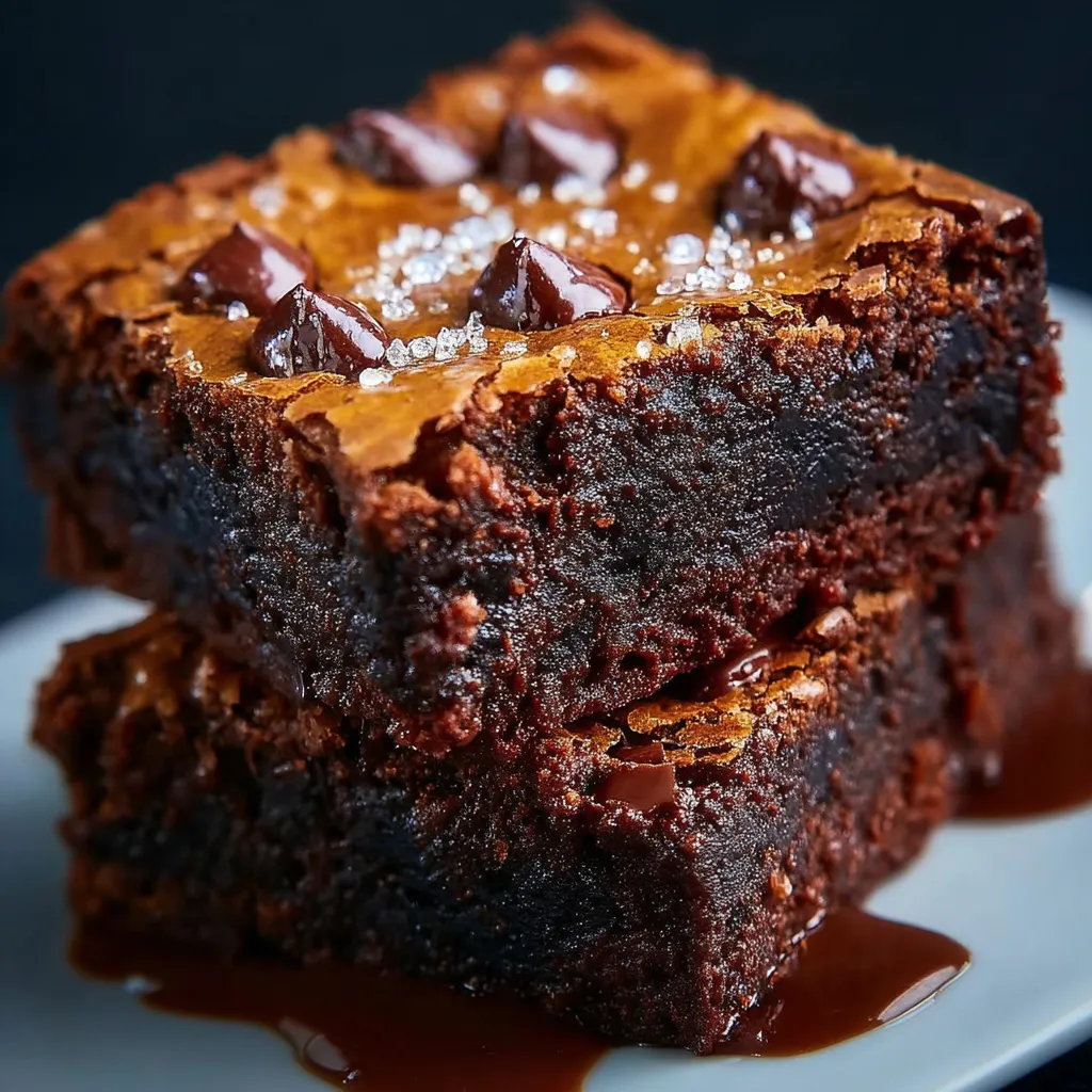 Chocolate cake with chocolate chips and drizzled with chocolate sauce.