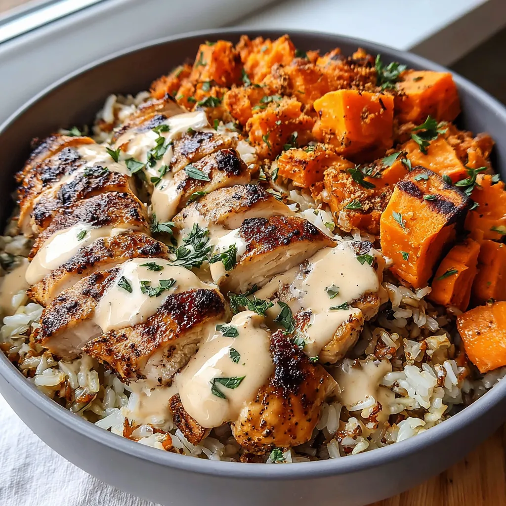 A bowl of rice with chicken and vegetables.