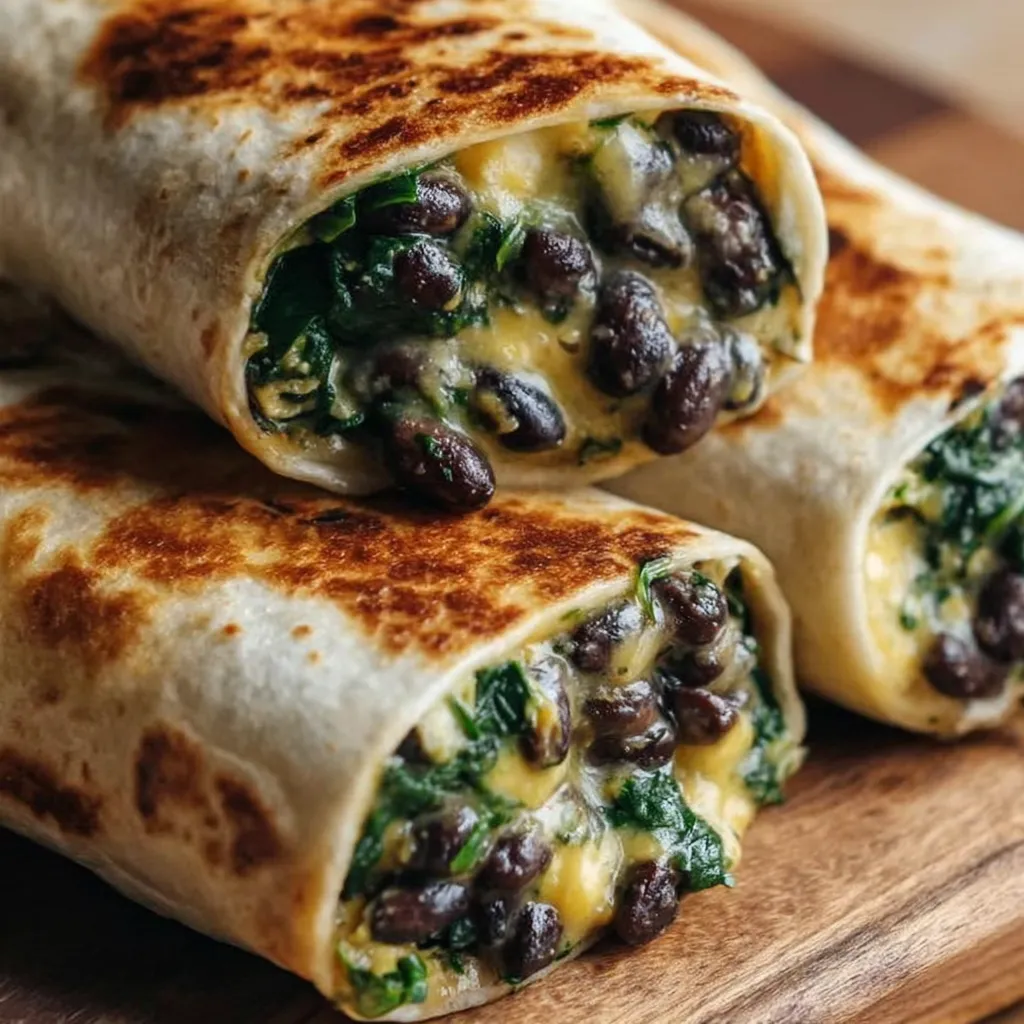 Two wraps with black beans and spinach.