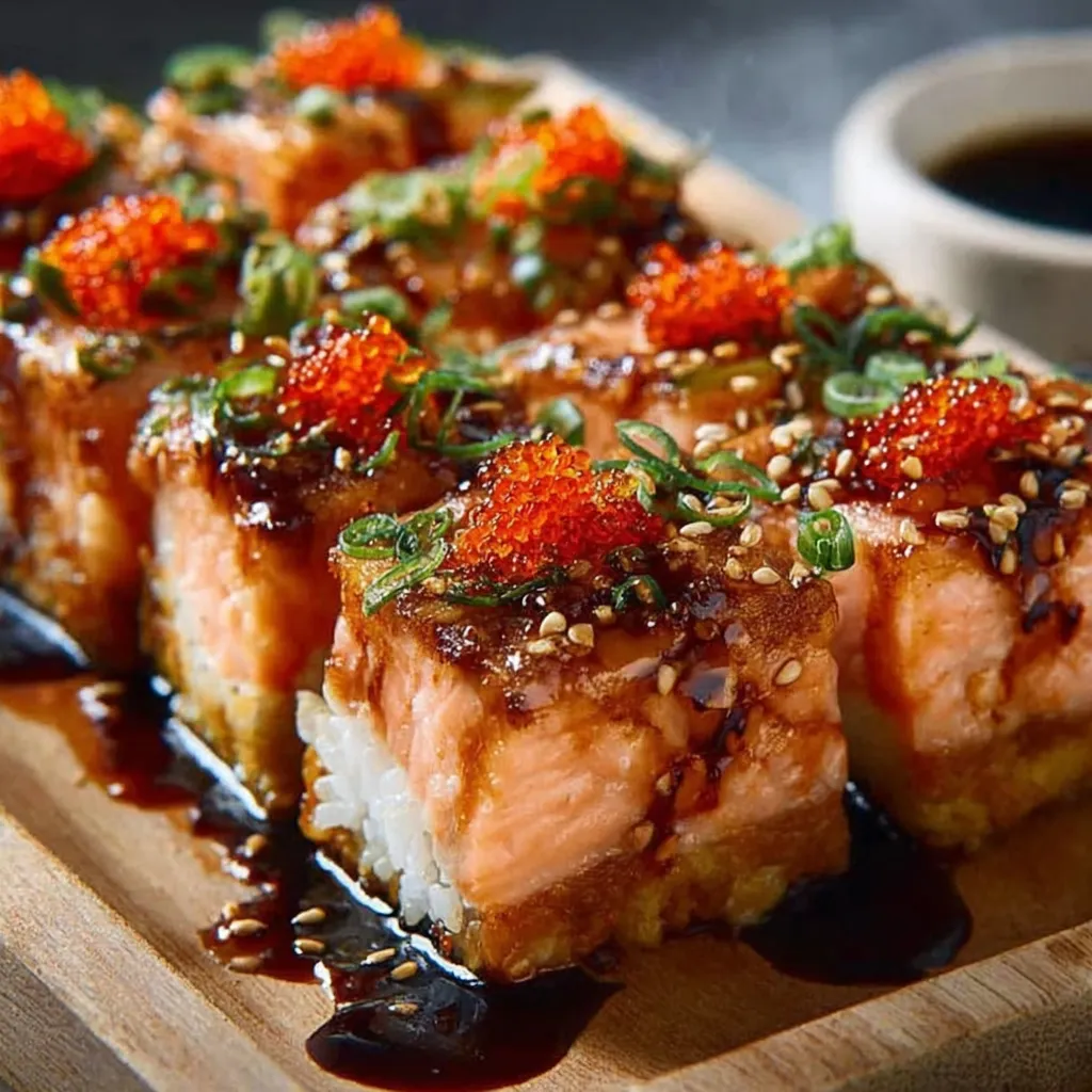 Sushi with rice, seaweed, and orange sauce.