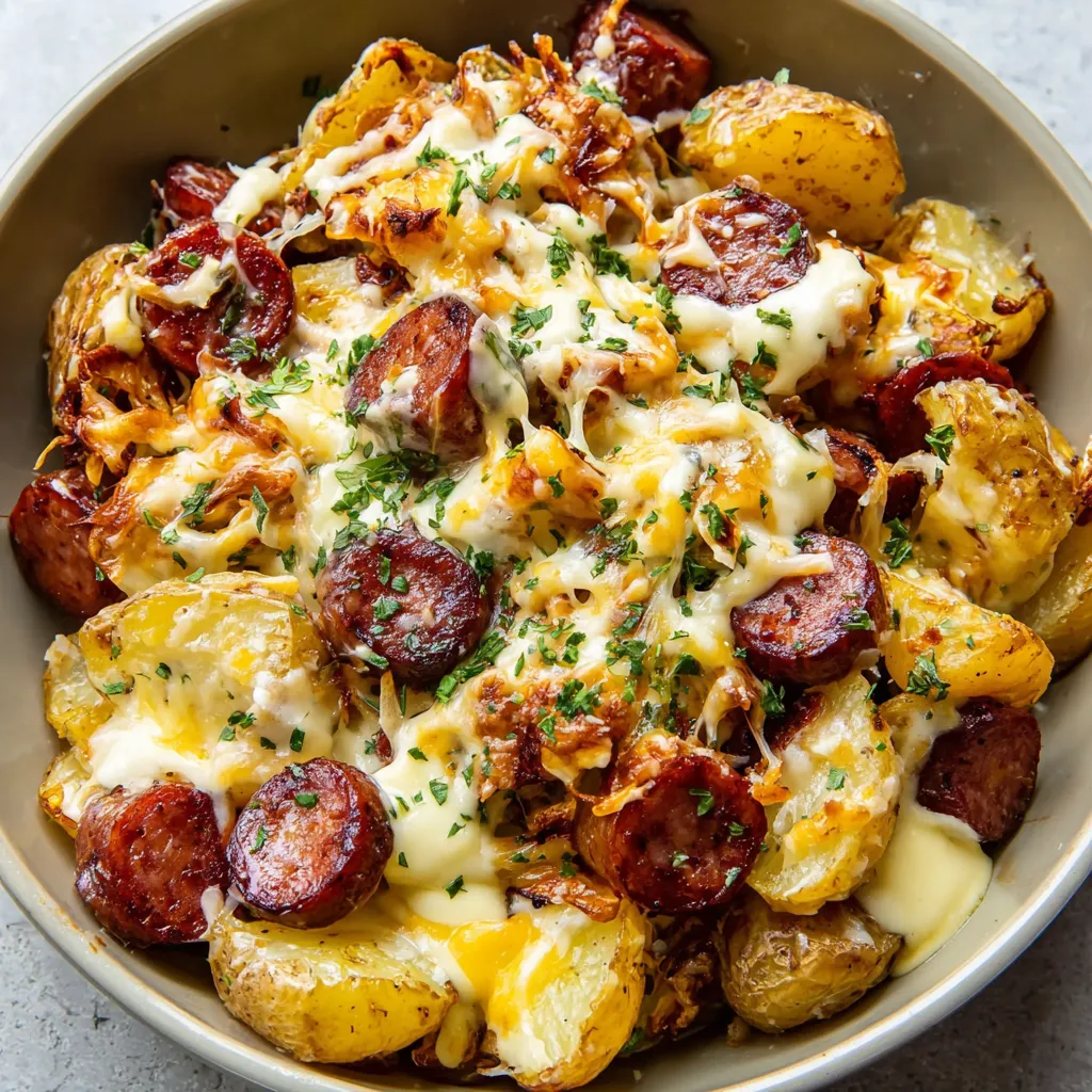 A bowl of food with potatoes and meat.