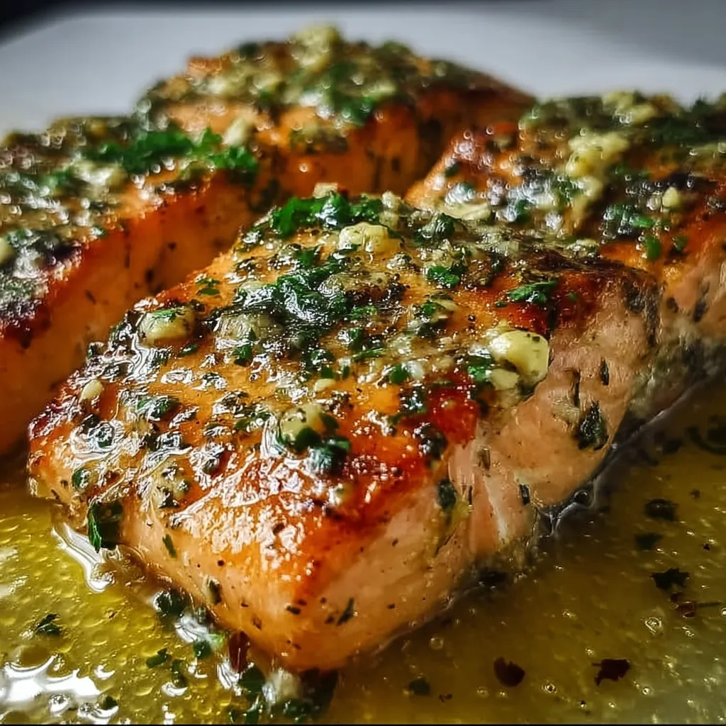 A close up of a piece of salmon with herbs.