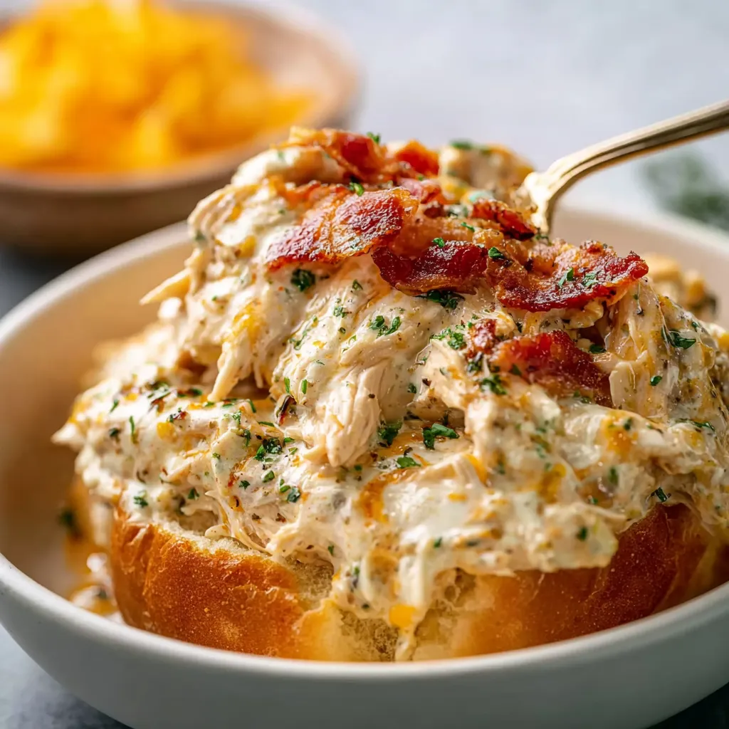 A bowl of chicken and bacon.