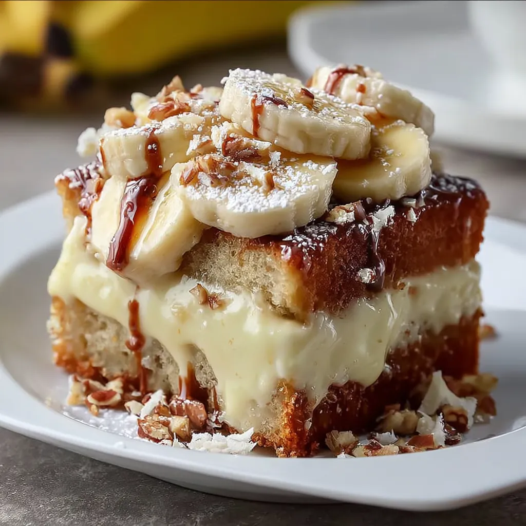 A slice of banana bread with bananas and walnuts on top.